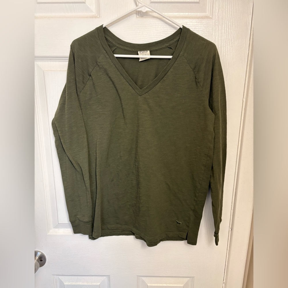 PINK Victoria's Secret Olive Green V-Neck Long Sleeve Top